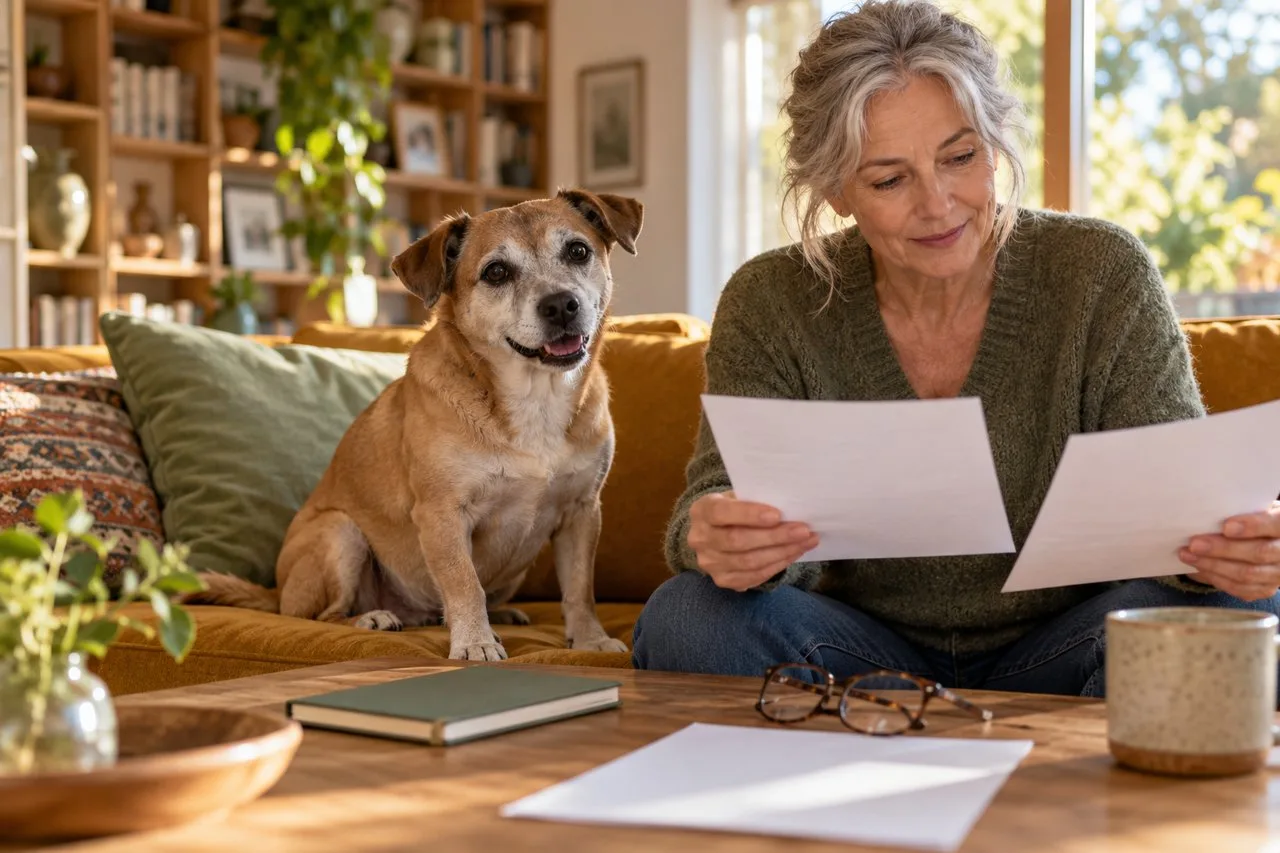 Owner comparing two documents beside a tan dog at home
